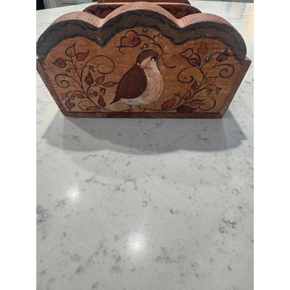 Vintage Folk Art Hand Painted Wooden Caddy Bird Floral Scalloped Tool Box Box